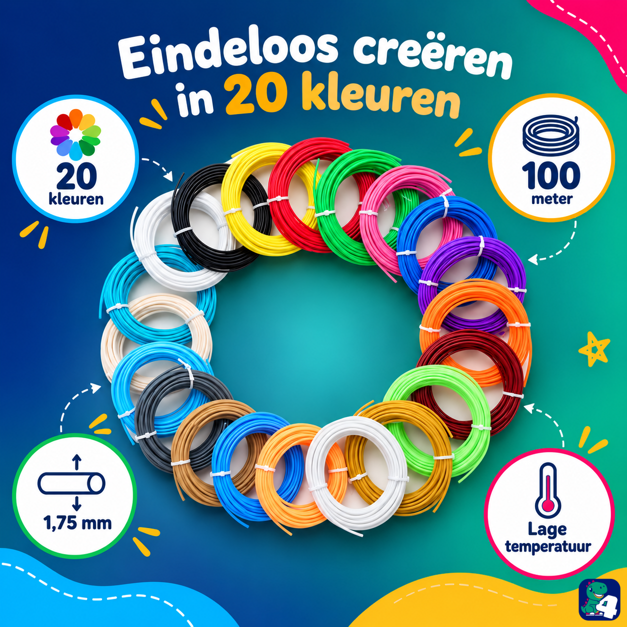Eindeloos creëren in 20 kleuren PCL filament, 100 meter, 1,75 mm, lage temperatuur