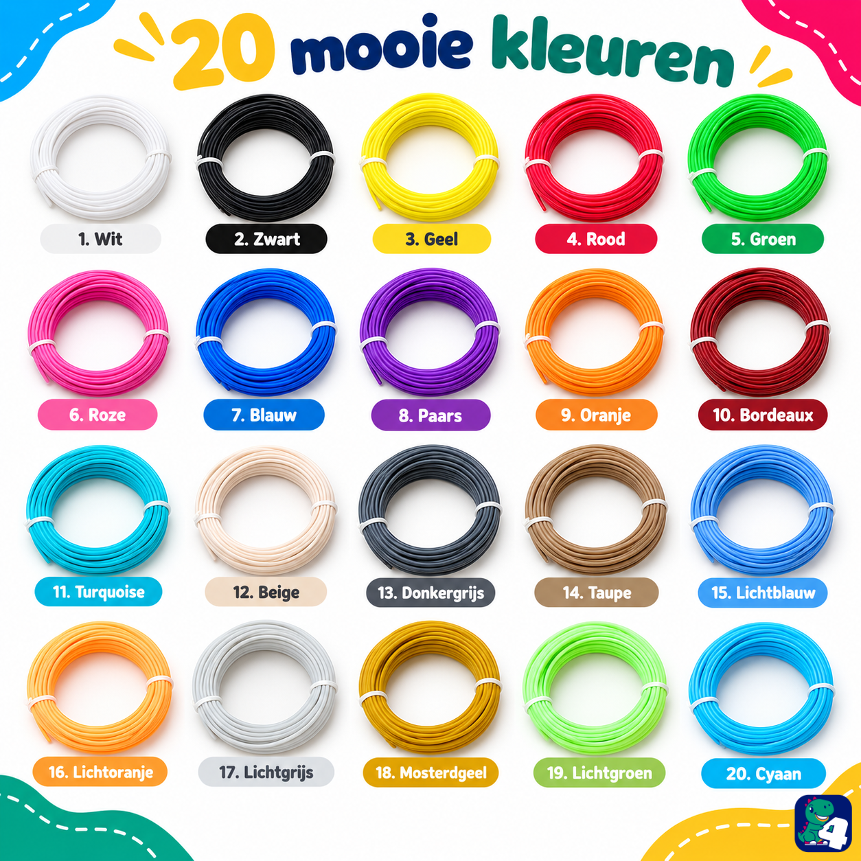 Alle 20 kleuren PCL filament met hun namen