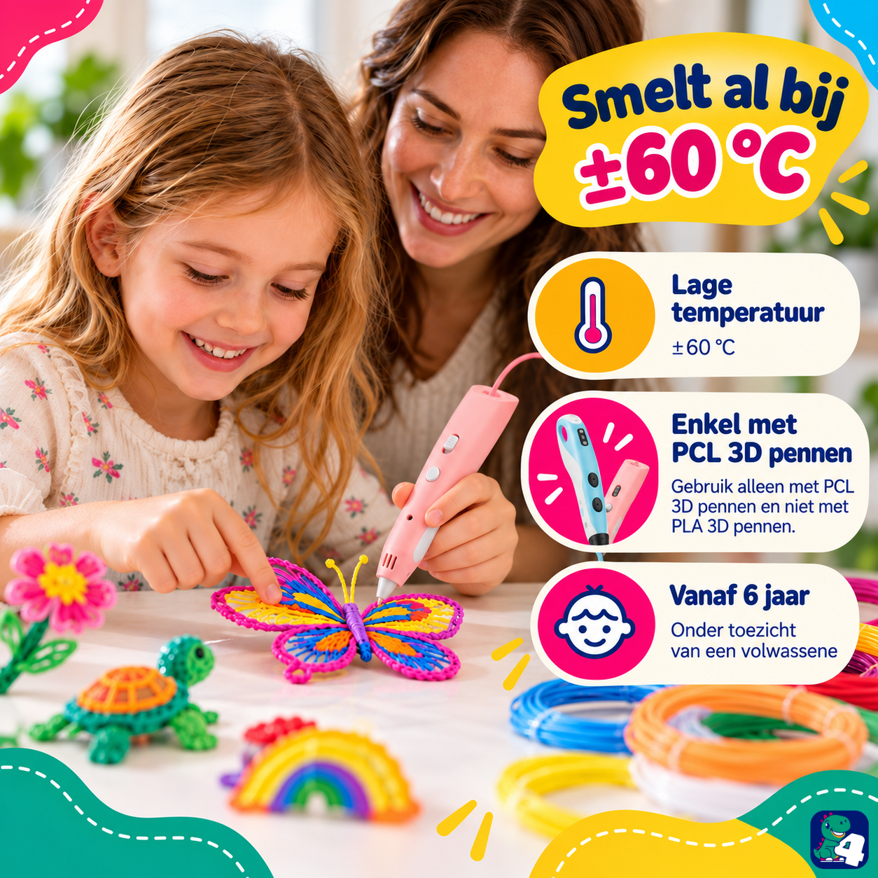 PCL filament smelt al bij ongeveer 60 °C, geschikt vanaf 6 jaar onder toezicht