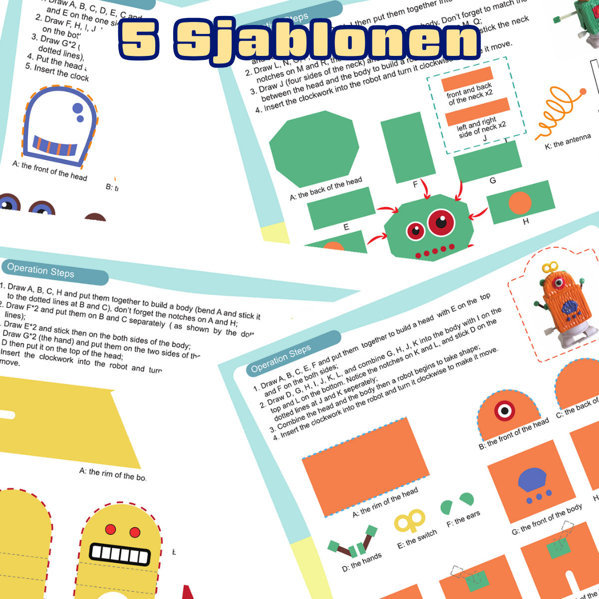 Overzicht van 5 herbruikbare 3D pen robot stencils van Fits4Kids