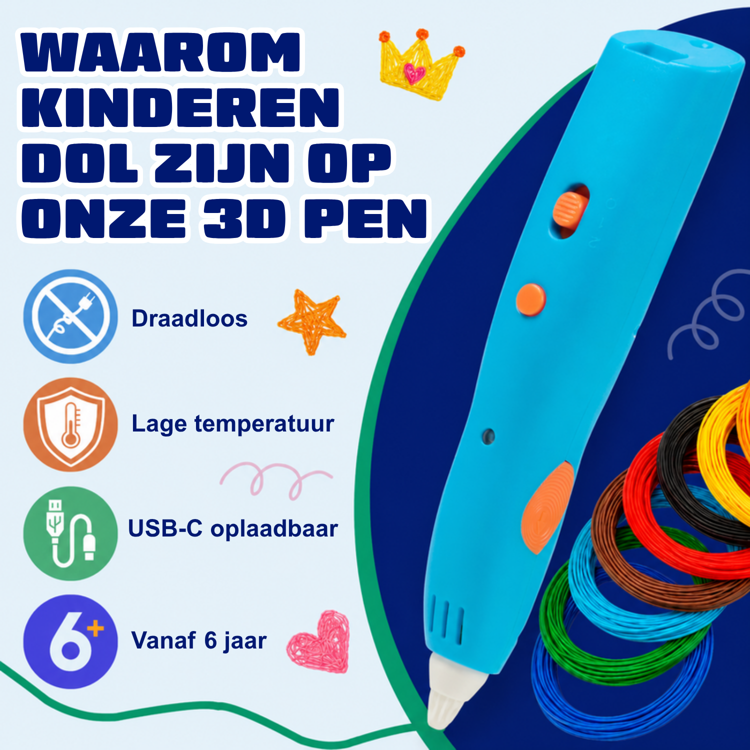 Waarom kinderen dol zijn op de draadloze 3D pen (blauw): draadloos, lage temperatuur, USB-C opladen, vanaf 6 jaar