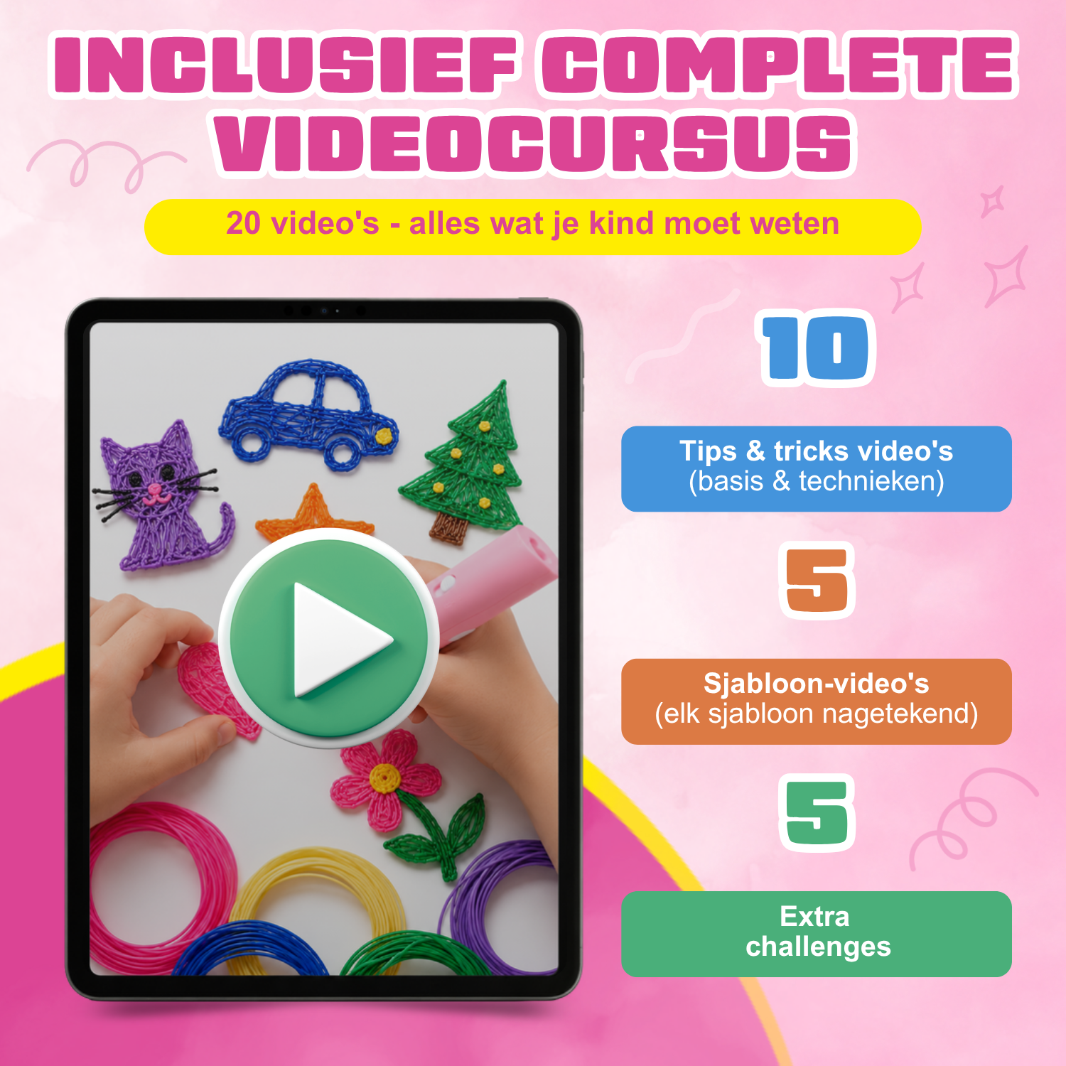 Inclusief videocursus met 20 video's bij de draadloze 3D pen (roze)
