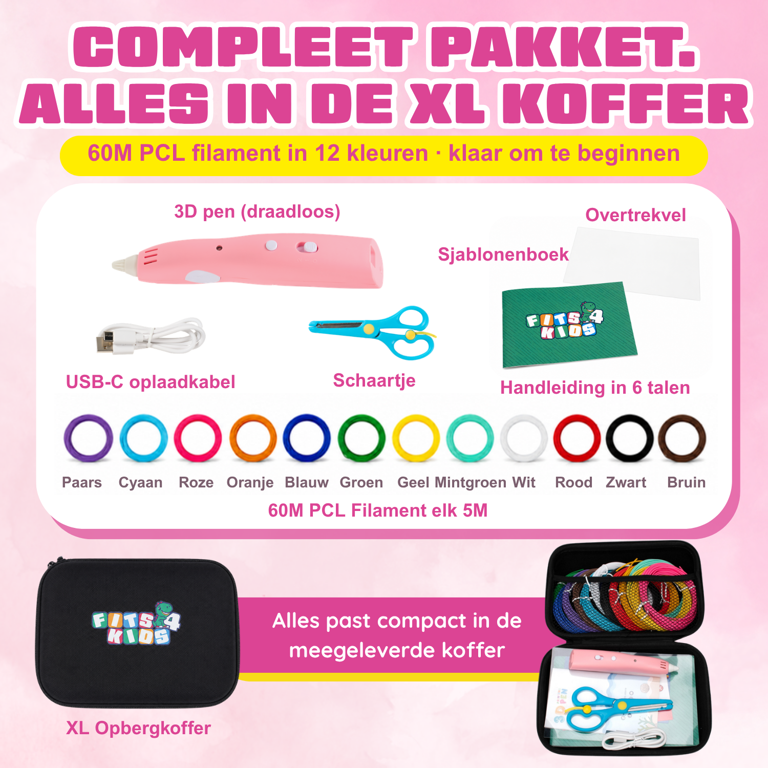Inhoud van het draadloze 3D pen starterspakket (roze) in de XL opbergkoffer