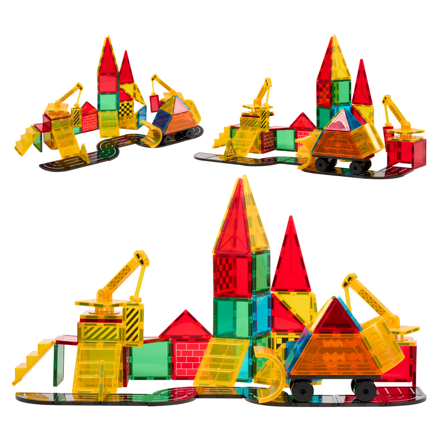 Kraanwagens en gebouwen gebouwd met Magnetic Tiles Construction Master van Fits4Kids
