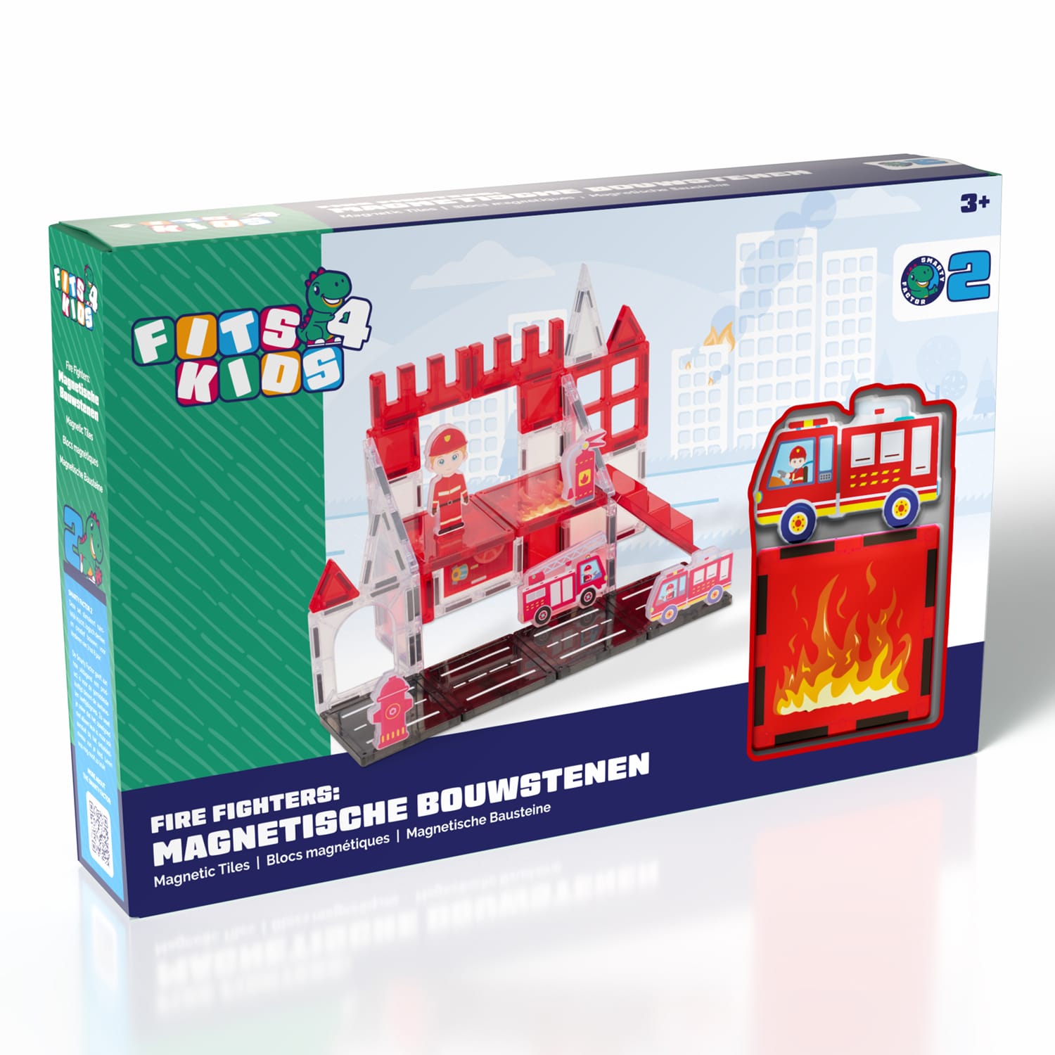 Verpakking van de Magnetic Tiles Fire Fighters van Fits4Kids voor kinderen vanaf 3 jaar