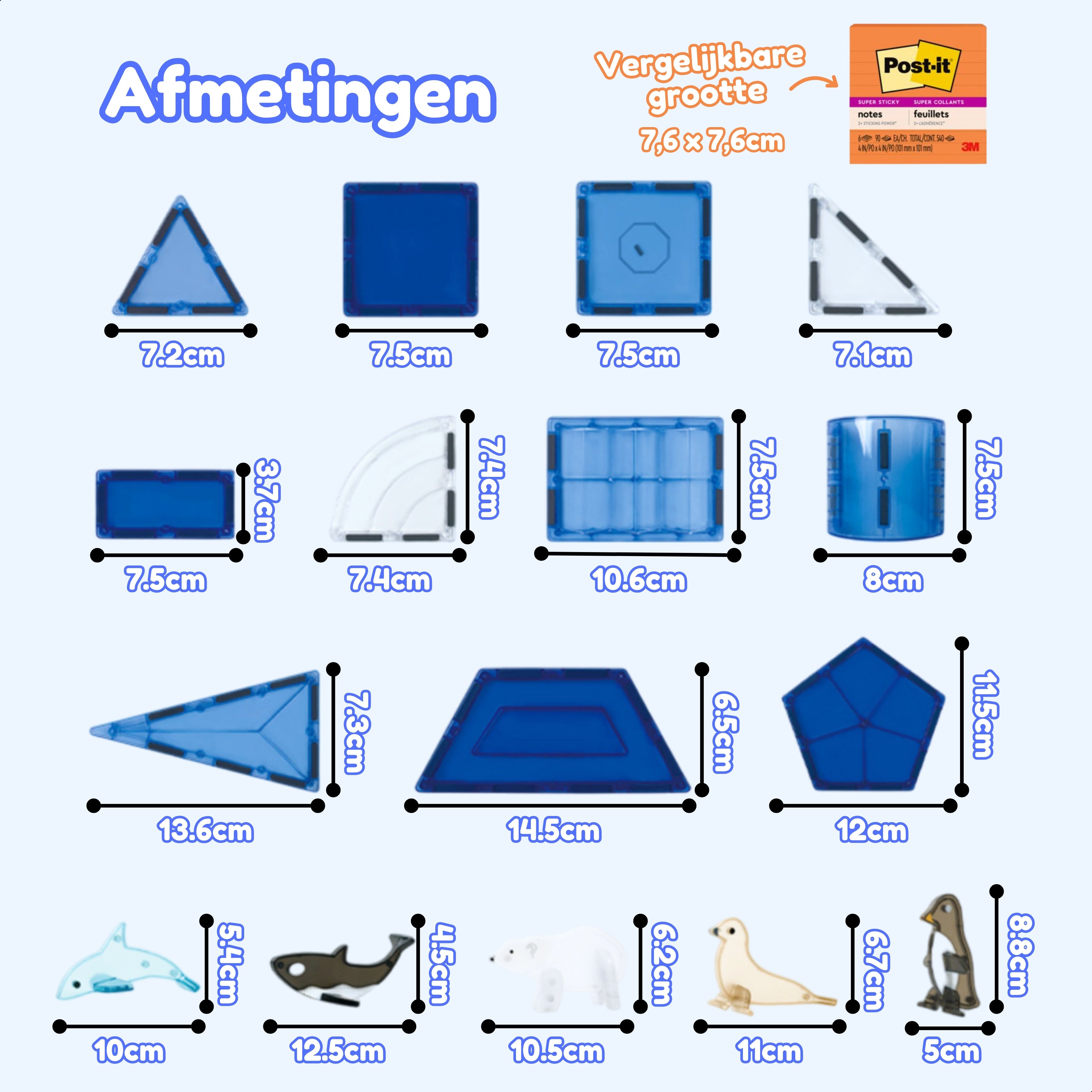 Afmetingen van de Magnetic Tiles Frozen Construction tegels van Fits4Kids