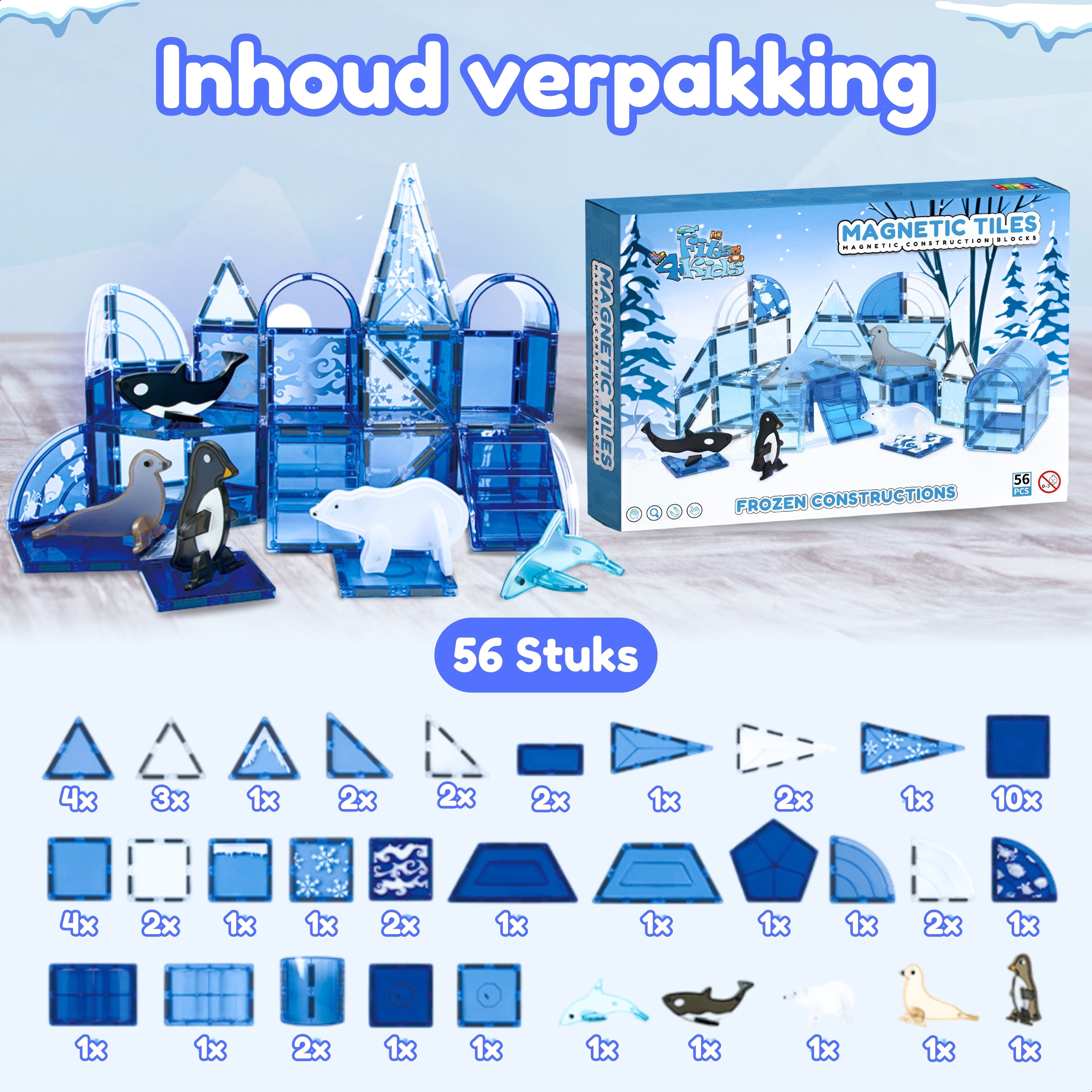 Overzicht van de inhoud van de Magnetic Tiles Frozen Construction set van Fits4Kids